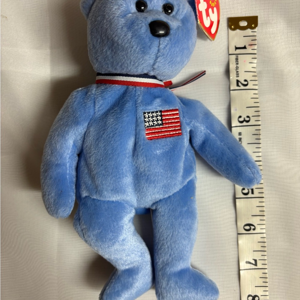 Ty Blue Stuffed Animal Bear with Flag Patch. Vintage 2001 preowned